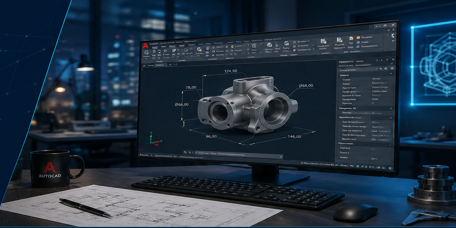 CAD workstation with a monitor showing a 3D mechanical part and dimensions, AutoCAD mug on the desk, drafting papers nearby in a blue-lit office.