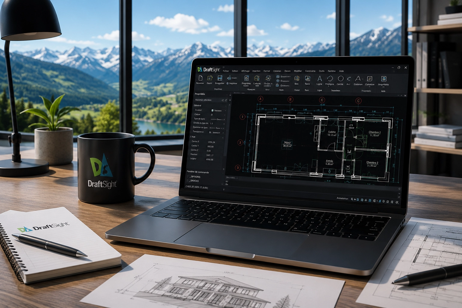 Laptop open to an architectural CAD drawing on a wooden desk, with a DraftSight mug, notebook, and pen, overlooking a mountain view through large windows over bright scenery.
