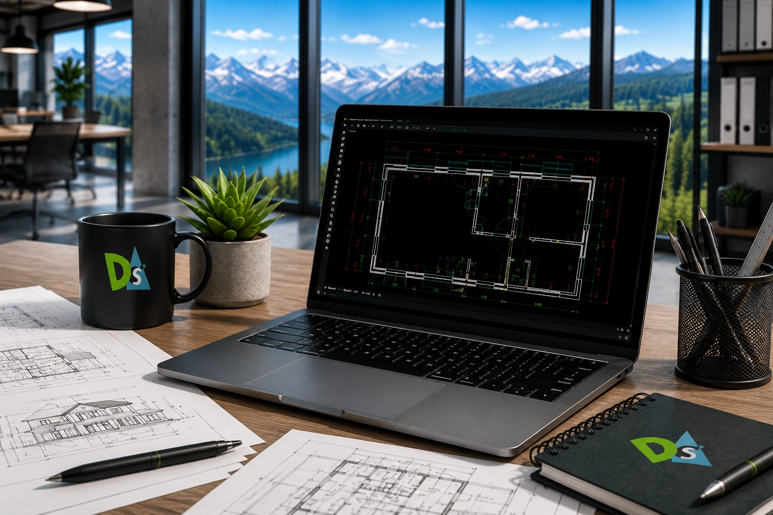 Architectural CAD plan on a laptop in a modern office, with blueprint papers, a DS logo mug, and a potted plant on the desk, mountain view outside the windows