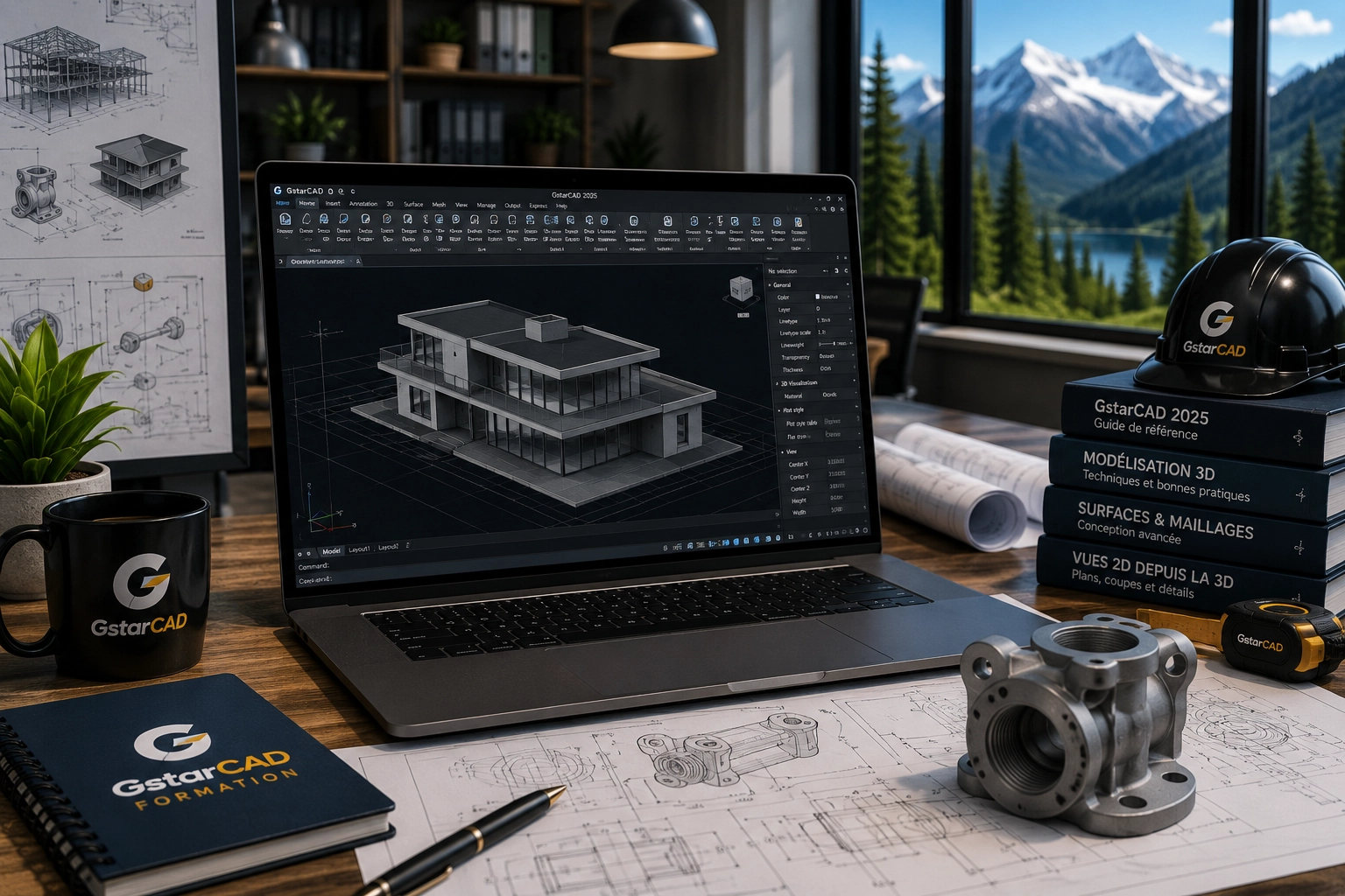 Laptop shows a 3D architectural model in a CAD program, surrounded by blueprints and design tools on a wooden desk.