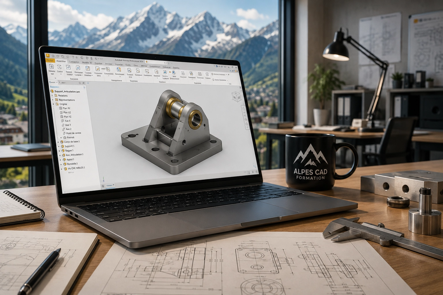 Laptop showing a 3D CAD model of a mechanical hinge on a wooden desk, with blueprints and calipers nearby in a mountain-view office scene.