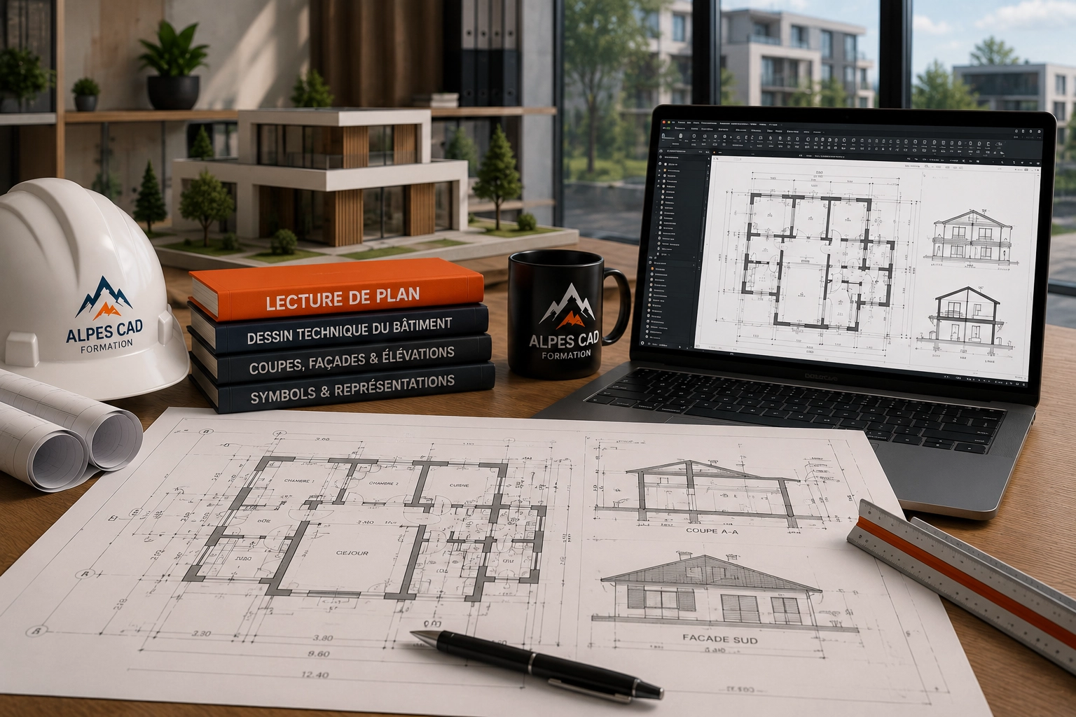 Architectural workspace: blueprints and a laptop showing a floor plan, with a hard hat, books, and a scale ruler on a wooden desk in a model studio.