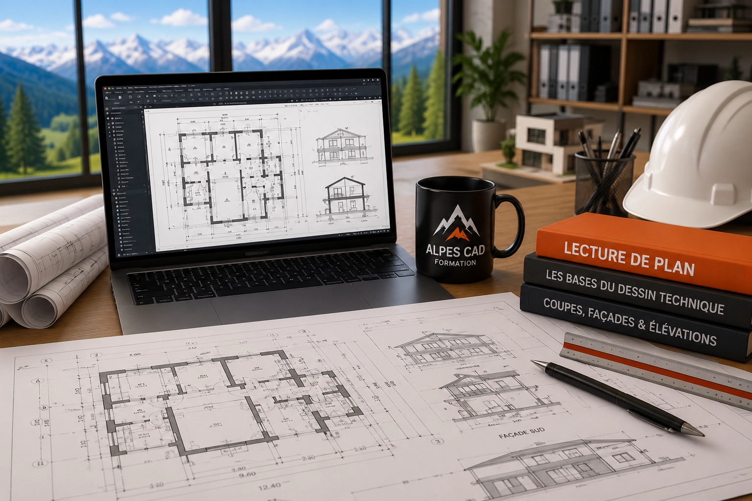 Architect's desk with blueprints, a laptop showing a floor plan, rolled drawings, a black Alps CAD mug, drafting books, ruler, pen, and a white hard hat on a sunny workspace.