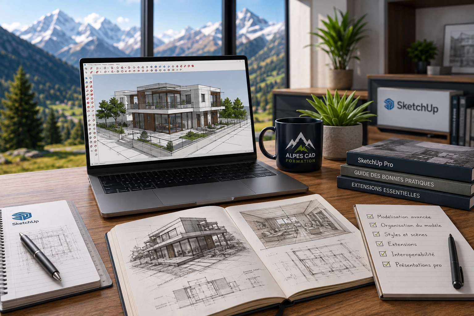 Laptop on a wooden desk shows a 3D house design; nearby are SketchUp books, a mug, plants, and architectural sketches with a mountain view behind the window.
