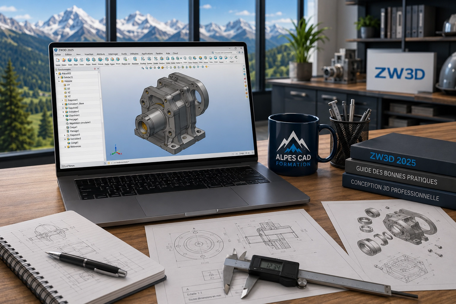 Laptop screen shows a detailed 3D CAD model of a mechanical part on a wooden desk with drafting papers nearby and mountain view outside the window.