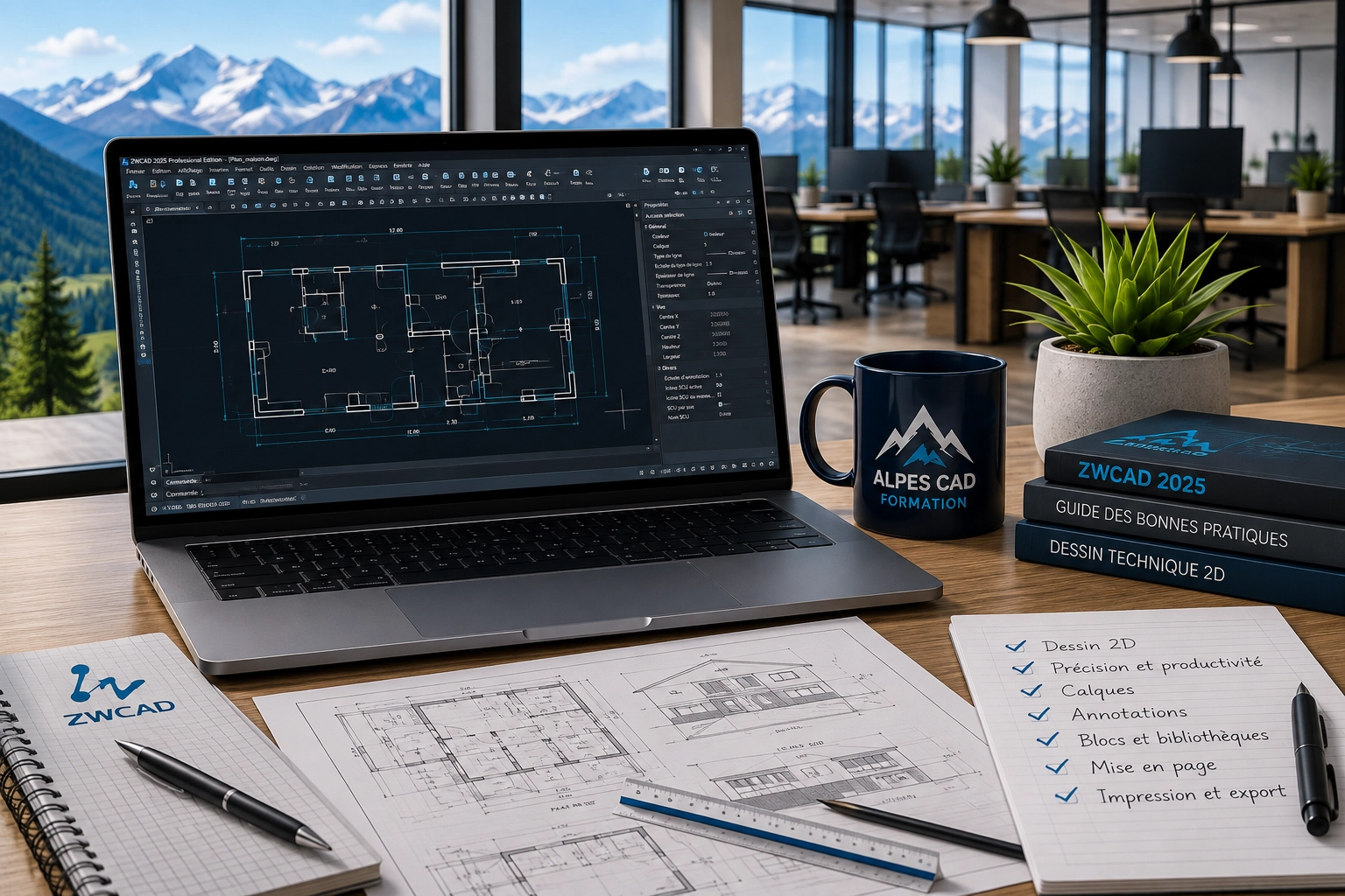 Workspace for architectural drafting: laptop showing CAD floor plan, technical drawings, notebooks, and reference books on a wooden desk with a plant and mountains outside the window