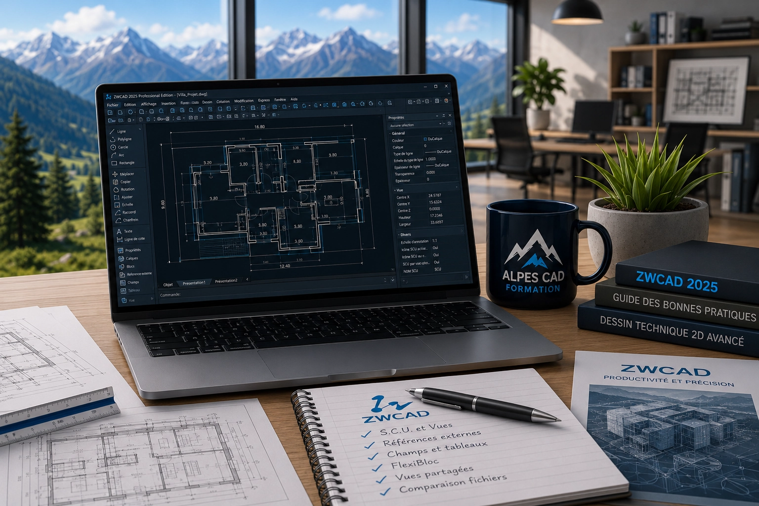 CAD workspace: laptop displaying architectural plans, with ZWCAD books, a mug, plant, and blueprint sketches on the desk.