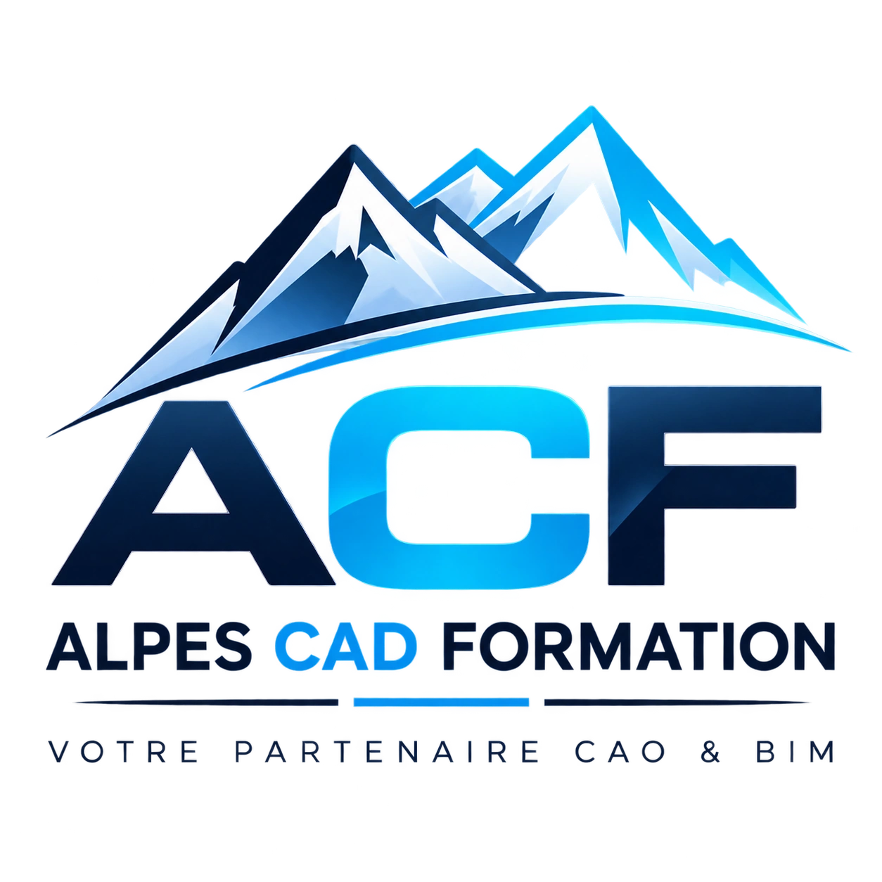 Logo for Alpes CAD Formation with blue mountain graphic and bold 'ACF' lettering, subtitle 'Alpes CAD Formation' and 'Votre partenaire CAO & BIM'